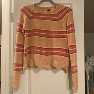 Chenille Cropped Sweater; Crew Neck; Light Orange, White & Salmon; Small;